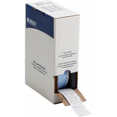 Polyolefin sleeve labels in white matte finish, sized 1/2 in x 11/32 in. Designed for wire gauges 10 AWG to 20 AWG. Compatible with BMP61 printer series for on-demand printing. Used for wire and cable identification in control panels and electrical installations.