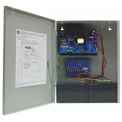 Steel-enclosed power supply board accepting 115V AC input and delivering 12VDC at 10A. Designed for continuous-duty power distribution in industrial control panels, access control systems, and security installations.