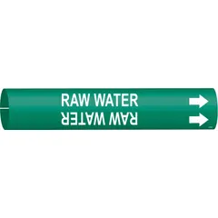 Green snap-on pipe marker with white legend reading 'Raw Water' and directional arrows. Fits pipe O.D. 2-1/2 to 3-7/8 in. Used for identifying raw water lines in industrial piping systems to support clear labeling and safety compliance.
