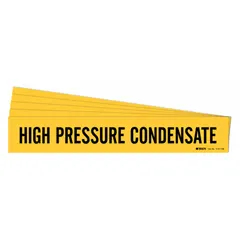 Yellow adhesive pipe marker with black legend reading 'High Pressure Condensate'. Designed for pipe outer diameters of 8 inches and larger. Supplied in a 5-pack without arrows. Used to identify high-pressure condensate lines in industrial piping systems.