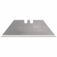 Steel utility blades with a straight cutting edge and blunt tip, designed for cutting cardboard, plastic, and light materials. Each blade measures 2 3/8 inches in length and 1/32 inch in width. Supplied in a pack of 100.