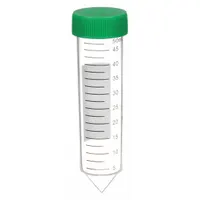 This 50 mL culture tube is made of polypropylene with a natural body color and conical bottom. It is graduated for volume measurement and includes a green closure. Suitable for laboratory culturing, sample storage, and centrifugation