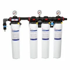 This water filter system is designed for drinking fountains and beverage machines. It uses activated carbon media to reduce particulates, with a 5-micron rating, 15 gpm flow rate, and 225,000-gallon capacity. The system features NPT connections and measures 11 inches in height by 25 inches in diameter.