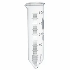 Colorless glass centrifuge tube with a conical bottom and graduated markings. Body diameter 29 mm, overall height 118 mm. Designed for laboratory centrifugation to separate substances by density, with the conical shape facilitating pellet collection.
