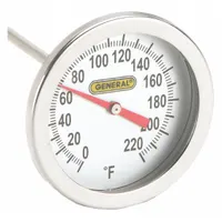 This back-mount fixed-angle thread-mount dial thermometer features a 2-inch dial diameter and an 8-inch stem. It provides a dual temperature range of 0°F to 220°F with ±1.5% accuracy. Suitable for temperature measurement in industrial processes, HVAC systems, and equipment requiring a durable analog display