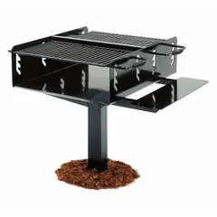 This 2-burner charcoal grill is constructed with a powder coated steel body. Overall dimensions are 39 in length, 38 in height, and 39 in depth. Suitable for outdoor cooking applications in commercial or heavy-duty residential settings.