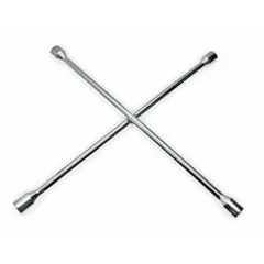 Cross lug wrench with four SAE wrench head sizes: 11/16 in, 3/4 in, 13/16 in, and 7/8 in. Each 6-point socket provides a secure fit on standard lug nuts. Chrome-plated finish resists corrosion. Designed for passenger vehicle tire changes.
