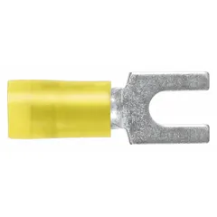 Insulated fork terminal with yellow nylon insulation grip barrel. For #8 stud size, accepts 12 AWG to 10 AWG wire, standard fork configuration, rated 600 V. Used for secure electrical connections in control panels, machinery, and power distribution systems.