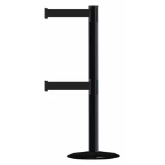 This retractable belt post barrier features a black belt with no legend or pattern, a black metal alloy post, and a cast iron base. The belt extends 7 1/2 ft. Suitable for crowd control, queue management, and lane separation in industrial, commercial, and public settings.