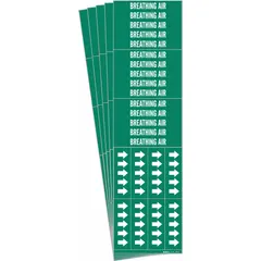 Green adhesive pipe marker with white legend reading 'Breathing Air' and directional arrows. Designed for pipes with an outside diameter of 3/4 inch and smaller. Each pack contains 5 markers. Used to identify breathing air supply lines in industrial piping systems.