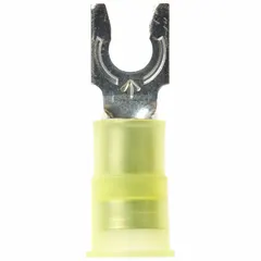 Insulated fork terminal with nylon insulation and insulation grip barrel. Accommodates #8 stud size and accepts 12 AWG to 10 AWG wire. Rated for 600 V. Used for terminating wires to studs in electrical panels and equipment.