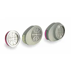 Green/magenta combination cartridge/filter with bayonet connection for MSA Advantage 200 LS Series respirators. NIOSH P100 rated for particulate filtration, also protects against ammonia and methylamine vapors. Supplied in a 2-pack. Suitable for industrial environments where these gases and particulates are present.