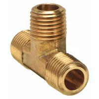 Threaded high-pressure pipe tee for potable water systems. Made from CA2745 brass with 1/4 in x 1/4 in x 1/4 in configuration. Maximum operating pressure 1,000 psi. Overall length 1 1/4 in. Used to connect three pipes in plumbing, HVAC, and process lines