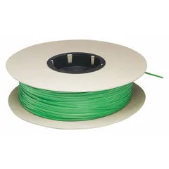 Soft copper twist tie spool with a wire core, 500 ft length, 1/6 in width, green color. Used for bundling, securing, and organizing cables, hoses, or laboratory tubing. The wire core allows for reusable, bendable fastening.