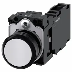 Momentary-action flush push button from the Siemens 3SU series. Features a non-metallic operator with a flush profile, 22 mm mounting diameter, and 1 normally open plus 1 normally closed contact configuration. Suitable for start, stop, or reset functions in industrial control panels and automation systems.
