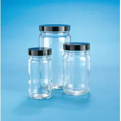 This 500 mL clear wide mouth round glass bottle is designed for general laboratory storage of liquids, powders, or samples. It features a colorless body and a 70-400 mm phenolic screw closure with a pulp/vinyl cap liner for a secure seal. The bottle is not graduated and is not pre-cleaned.