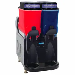 Two-dispenser frozen slushy machine with 3-gallon total capacity, 1,440 W power, and 32 3/8-inch overall height. Operates on 120V AC with R-290 refrigerant. Constructed with black plastic and steel. Suitable for commercial beverage dispensing in foodservice settings.