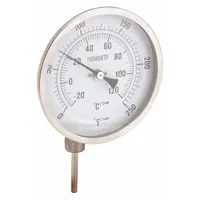 APPROVED VENDOR Dial Thermometer: 0°F to 250°F /-20°C to 120°C, 2.5 in Stem Lg, 5 in Dial Dia (MPN 1NGD1)