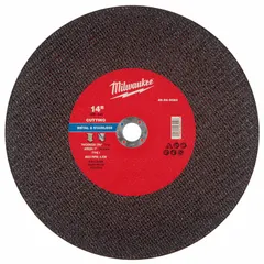 This MILWAUKEE cut-off wheel is a Type 1 general purpose wheel for cutting carbon and stainless steel. It measures 14 inches in diameter, 7/64 inch thick, with a 1 inch arbor hole, and features 30 grit aluminum oxide abrasive. Suitable for metal fabrication, maintenance, and construction applications.