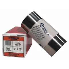 This shim stock roll is made of 18-8 stainless steel with a silver finish. It measures 6 inches wide, 60 inches long, and 0.025 inches thick. Width tolerance is +/-0.002 in, thickness tolerance +/-0.001 in, and length tolerance +3.000/-0.250 in. Used for precision alignment, gap filling, and leveling in industrial machinery and tooling.