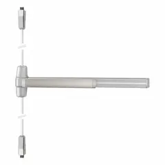 This surface vertical rod exit device features a lever touchbar in gray finish. It is designed for commercial doors requiring code-compliant egress, with vertical rods that latch at top and bottom for secure closure. The push bar allows quick exit by pressing. Not ligature-resistant.