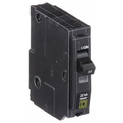 Single-pole plug-in miniature circuit breaker rated 30 A at 120/240 V AC. Provides overcurrent protection with a maximum interrupting rating of 22 kA at 120/240 V AC. For use in QO Load Centers and NQ Panelboards in electrical distribution systems.