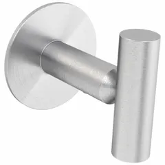 This stainless steel robe hook features a satin finish and measures 1 5/8 in x 1 5/8 in x 2 1/2 in. It includes screws and waterproof tape for installation. Suitable for hanging robes, towels, or lightweight garments in bathrooms or washrooms.