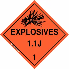 This placard is used to identify hazardous materials as Class 1: Explosives 1.1 J 1. It measures 10 3/4 in x 10 3/4 in with a label height of 10 3/4 in. Designed for compliance with DOT placarding requirements for shipping containers, vehicles, or storage areas.