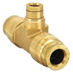 Brass push-to-connect tee fitting with tube x tube x push-to-connect design. Connects three tubes of sizes 3/8 in OD, 1/4 in OD, and 3/8 in OD without tools. Suitable for air brake, pneumatic, and fluid power systems requiring leak-resistant joints in compressed air lines.