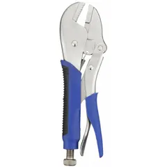 Flat-jaw locking pliers with quick-release mechanism for one-hand operation. Jaw length 1 1/8 in, overall length 10 in, max jaw opening 1 3/4 in. Used for clamping, gripping, and holding workpieces in fabrication, assembly, and repair tasks.