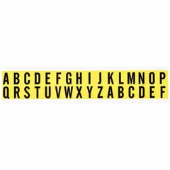 Die-cut, non-reflective Gothic letters A to Z in black on yellow background. Character height 5/8 in. For indoor use only. Not self-spacing or aligning. Suitable for labeling equipment, panels, bins, and signage in industrial facilities and warehouses.