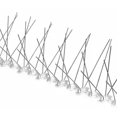 Plastic base bird spikes with stainless steel spikes, designed for narrow ledges to deter pigeons from landing. The 100 ft length covers extended areas, creating an uncomfortable surface that prevents roosting without harming birds. Suitable for ledges on buildings where bird presence is unwanted.