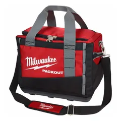 Red nylon wide-mouth tool bag with one inside pocket and removable shoulder strap. Dimensions: 15 in W x 15 in D x 12 3/16 in H. Suitable for carrying and organizing hand tools and accessories on job sites.