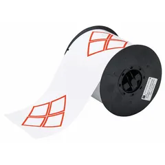Pre-cut label stock roll with red GHS/CLP 4B diamond design, measuring 4 9/64 in x 6 7/64 in. Acrylic adhesive. Compatible with i5300 printer series. Used for chemical hazard identification and GHS/CLP compliance labeling in industrial facilities, laboratories, and chemical storage areas.