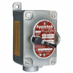 This enclosed manual motor switch is designed for hazardous locations where flammable gases, vapors, or dusts may be present. It features a factory-sealed, dead-end construction to prevent arc ignition. Rated 30 A with 3 poles and a 1-inch hub diameter, it provides safe on/off control for motors in such environments.