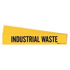 Yellow adhesive pipe marker with black legend text reading 'Industrial Waste'. Designed for pipe outer diameters of 8 inches and larger. Pack of 5 markers without arrows. Used to identify industrial waste piping in facilities for clear visual communication.