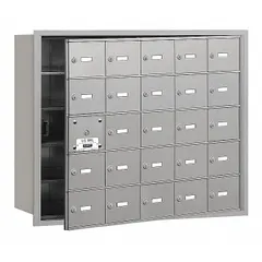 Horizontal multi-unit mailbox with 25 lockable front-access doors. Designed for recessed mounting in walls. Overall dimensions: 29 3/4 in height, 35 3/4 in width, 16 1/2 in depth. Suitable for centralized mail distribution in multi-tenant residential or commercial settings.
