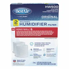 Set of two antimicrobial-coated cellulose pads for portable humidifiers. Designed as replacement pads for models compatible with manufacturer number HCM-1000. The cellulose material with antimicrobial coating helps maintain efficient moisture output. Used in residential or light-commercial HVAC applications to support humidifier performance.
