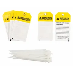 Polyester lockout tag with write-on surface. Printed in Spanish with 'Precaucion' and 'No Hacer Funcionar' (Do Not Operate). Used in lockout/tagout procedures to indicate equipment must not be operated during maintenance or repair.