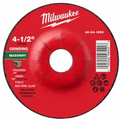 This Type 27 grinding wheel is made of silicon carbide with 24 grit, sized 4-1/2" x 1/4" x 7/8". It is used for material removal on concrete and masonry surfaces, including shaping, smoothing, and cutting applications.