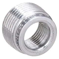 Aluminum reducing bushing for hazardous locations. Reduces a 1-1/2 in trade size conduit opening to 3/4 in. Used in conduit systems where a change in trade size is required, maintaining the integrity of the raceway.