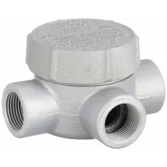 Iron T-shaped conduit outlet body with threaded female hubs for 3/4 in trade size threaded IMC. Triple coat epoxy coating. 7.3 cu in body capacity. Includes cover. UL Listed for hazardous locations Class I, Division 1 and 2, Groups C, D; Class II, Division 1 and 2, Groups E, F, G; and Class III.