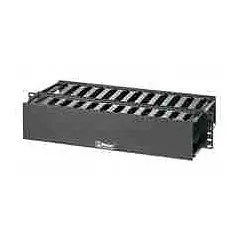This 2U horizontal finger-style cable manager is designed for dual-side cable routing in standard 19-inch racks. Made of black plastic with an overall depth of 8 7/8 inches, it includes a cover to organize and route cables while maintaining proper bend radius.