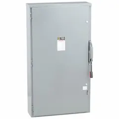 Fusible safety switch rated 600 A, three-phase, 240V AC. Galvanized steel enclosure suitable for indoor and outdoor use. Provides a means to safely disconnect power for maintenance or emergency shutdown in industrial and commercial electrical systems.