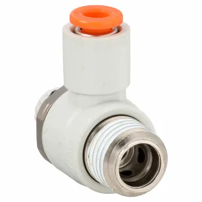 SMC Speed Control Valve: Elbow Fitting, Screw, 1/4 in/1/8 in Valve Body Size - Elbow-Style Speed Control Valves