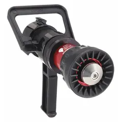 This constant pressure automatic nozzle features a break-apart design with a rigid NPSH-threaded base and an aluminum body. It activates by twist and provides fog or straight stream spray patterns. Suitable for firefighting applications requiring consistent flow regulation.