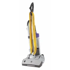 Standard bag vacuum with 100 cfm air flow and 18 lb weight. Includes two Intercept Micro Filter Bags and an onboard hose for above-floor cleaning. Features a mechanical clutch drive belt and single-position head height adjustment. Suitable for carpet and hard floor cleaning in commercial settings.