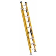 This 16 ft two-section fiberglass extension ladder has a 375 lb load capacity and weighs 43 lb. The non-conductive fiberglass construction is suited for tasks where electrical hazards may be present. Fixed fly design with mar-resistant end caps. Color: Yellow.