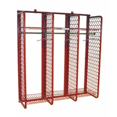 This wall-mount rack is constructed of steel with a red finish. It features three compartments on one side and measures 63 1/4 inches in length. Designed for organizing turnout gear in fire stations and emergency service facilities.