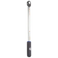 This key-adjustable preset ratcheting torque wrench features a 3/8 in drive and a torque range of 240 in-lb to 1200 in-lb, calibrated in inch-pounds. It is used for precise tightening of fasteners in industrial assembly, automotive repair, and maintenance applications, ensuring accurate torque application on critical components.